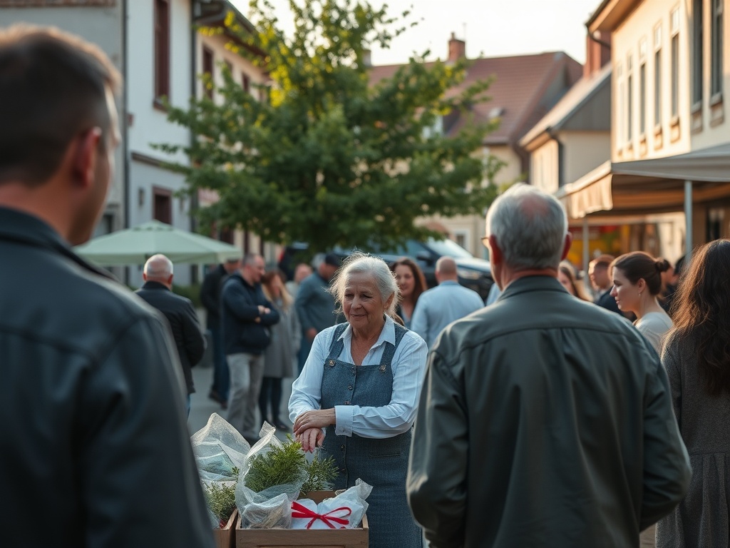 Ilustracja przedstawiająca radosnych ludzi świętujących majówkę na tle bieruńskiego krajobrazu.