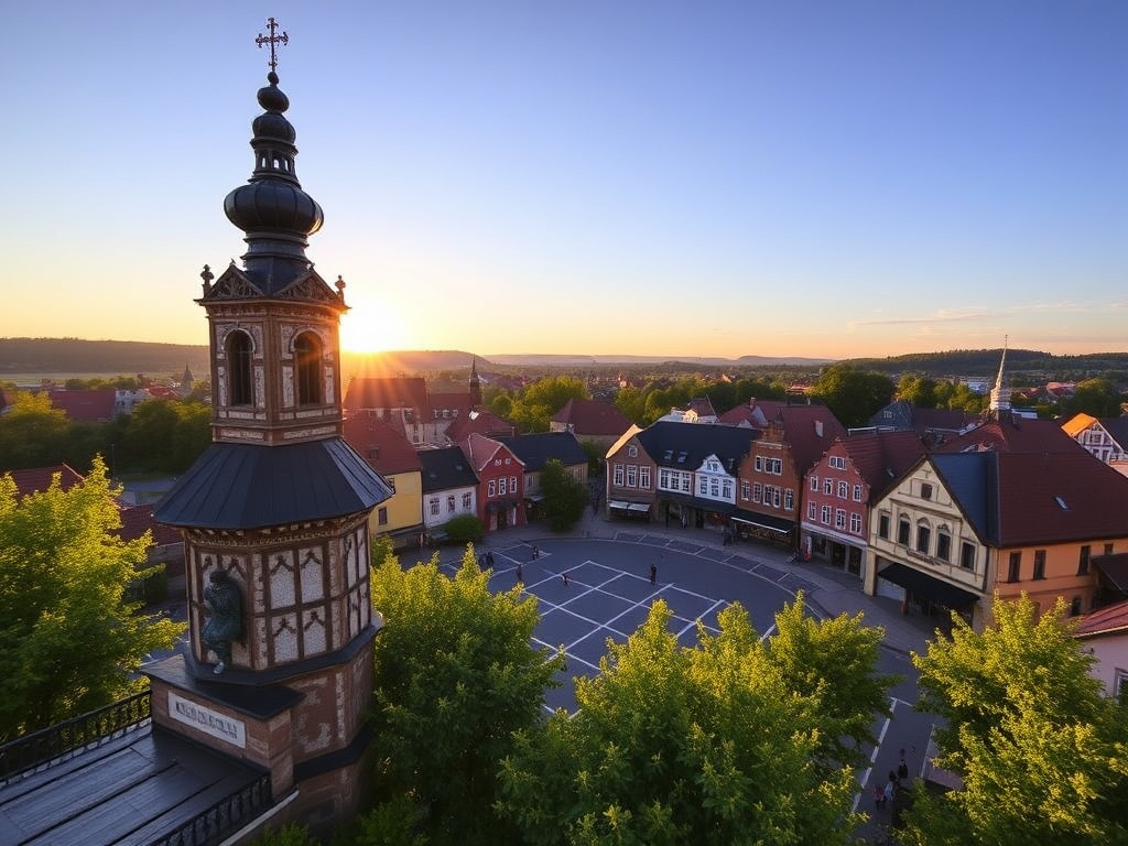 Malowniczy widok na rynek w Bieruniu z zabytkowymi kamienicami i kościołem w tle.